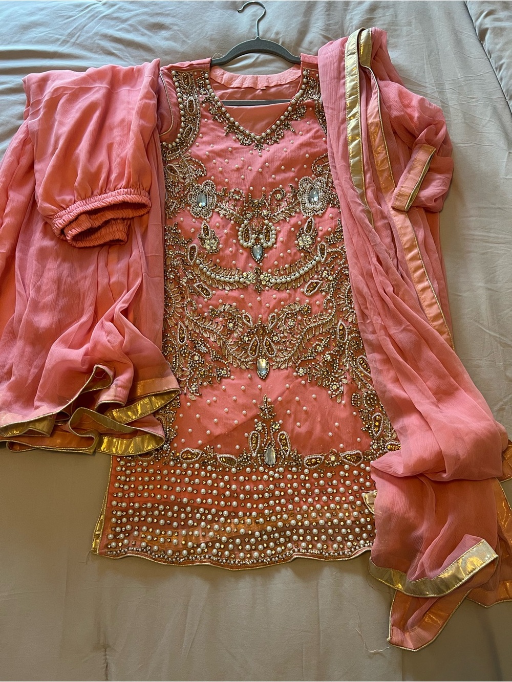 Embellished Coral Pink Salwar Kameez Set with Gold Trim